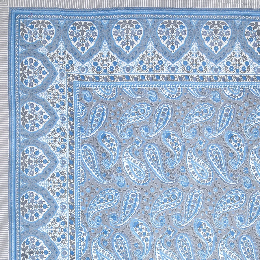 Ethnic Jaipuri Blue Floral Print Sky Color Double Bed Sheet Sideview Ethnic Jaipuri Blue Floral Print Sky Color Double Bed Sheet Sideview