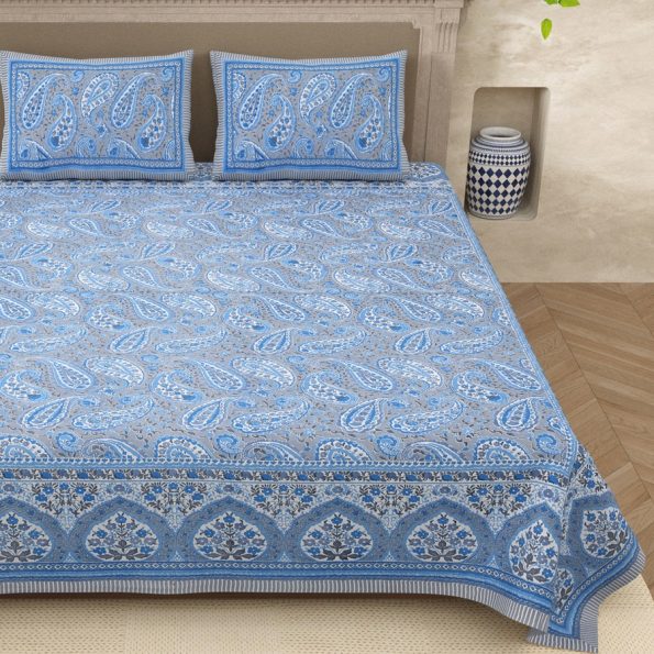 Ethnic Jaipuri Blue Floral Print Sky Color Double Bed Sheets