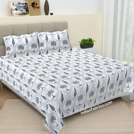 Jaipuri Blue Floral Jaal King Size Bedsheet with Two Pillow Cover (108×108)