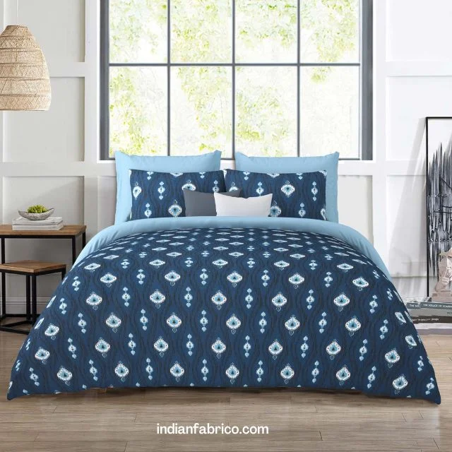 Jaipuri Indigo Blue Motif King Size Bedsheet with Two Pillow Cover