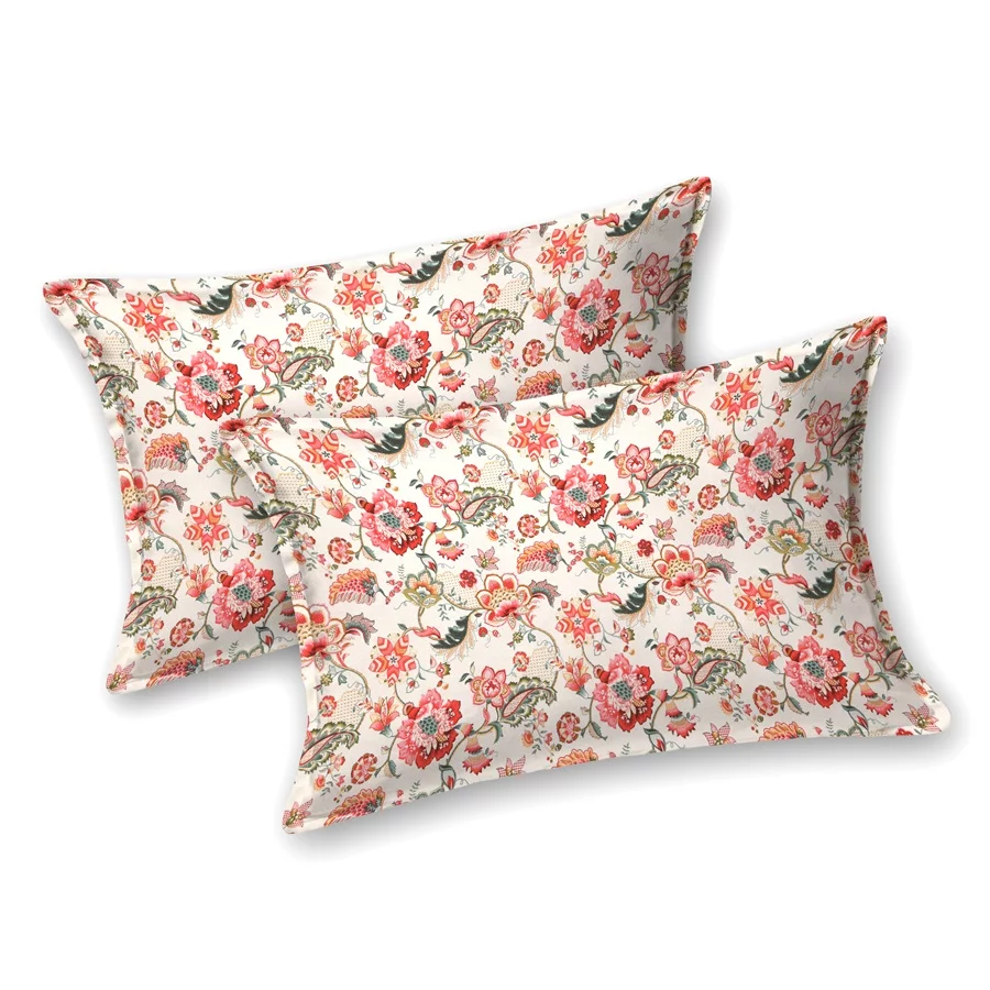 Beautiful Cream Dark Pink Flowers King Size Bedsheet Pillow Covers