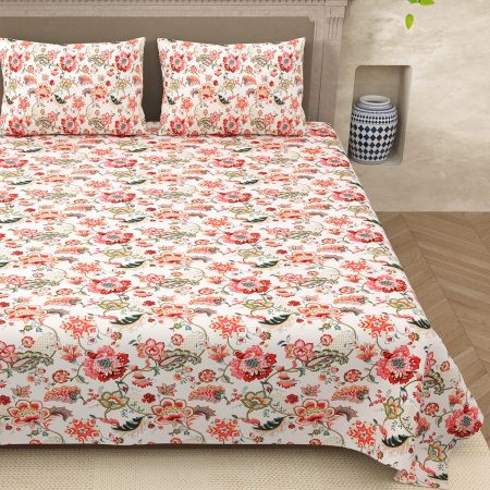 Beautiful Cream Dark Pink Flowers King Size Bedsheet with Two Pillow Covers