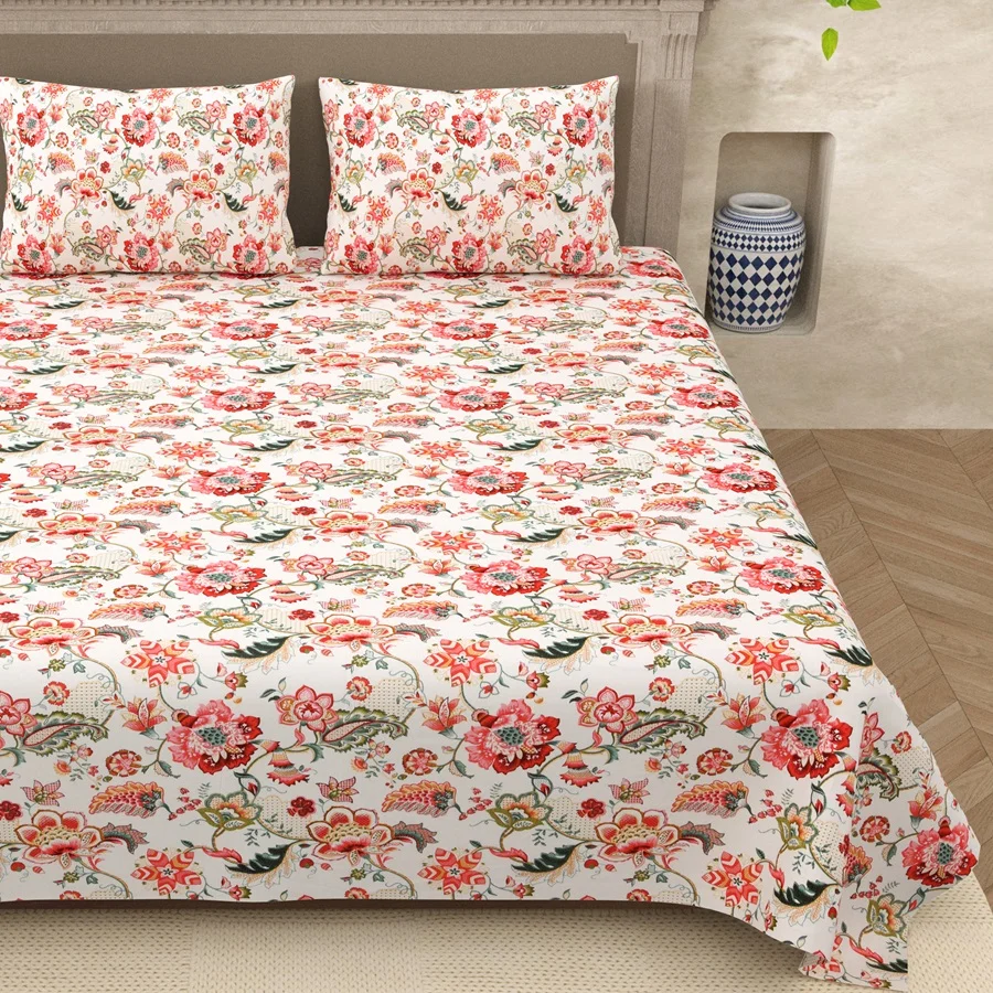 Beautiful Cream Dark Pink Flowers King Size Bedsheet with Two Pillow Covers