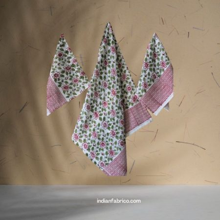 Hand Block Pink Floral Jaal Printed Waffle Cotton Bath and Hand Towel (Set Of 1+2)