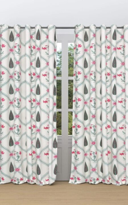 Dark Green Boota Floral Jaal Print Hand Block Print Door Curtains Set