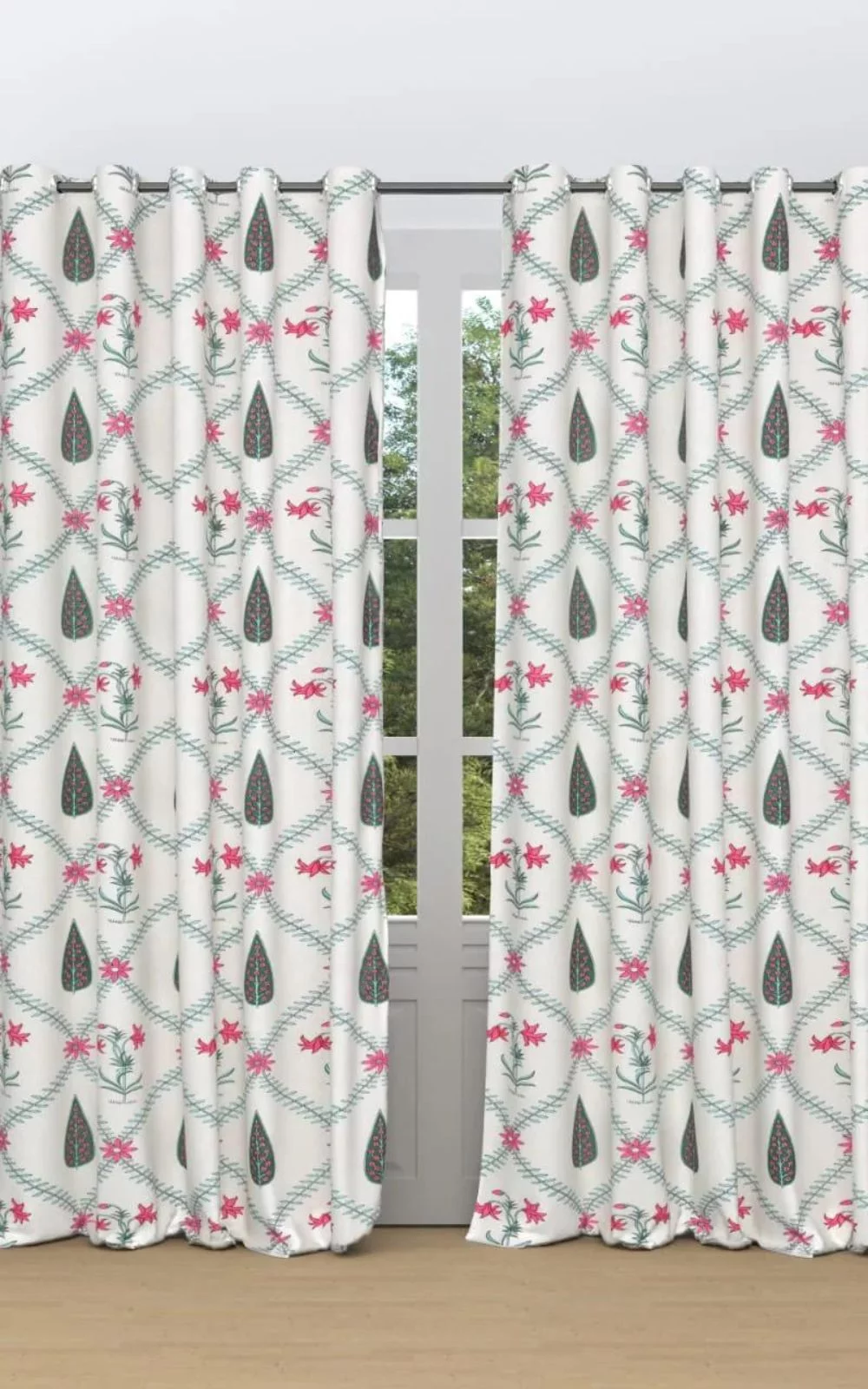 Dark Green Boota Floral Jaal Print Hand Block Print Door Curtains Set Dark Green Boota Floral Jaal Print Hand Block Print Door Curtains Set