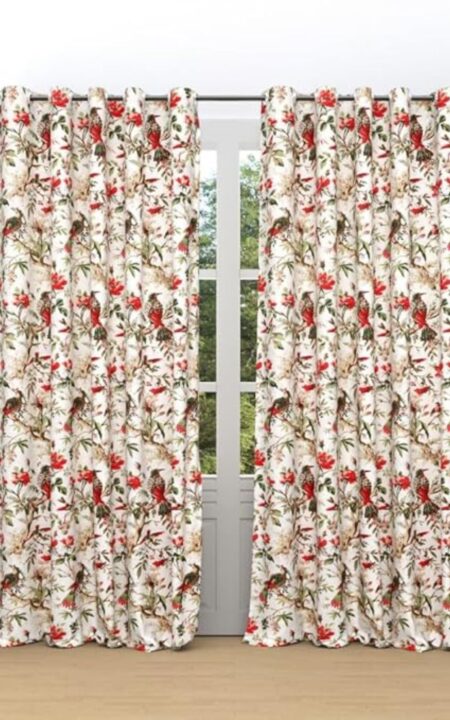 Peach Bird Print Hand Block Print Door Curtains Set