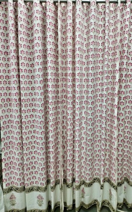 Pink Floral Print Hand Block Print Door Curtains Set