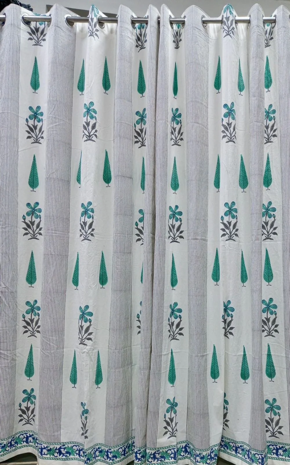 Sea Green Block Boota Print Hand Block Print Door Curtains Set Sea Green Block Boota Print Hand Block Print Door Curtains Set