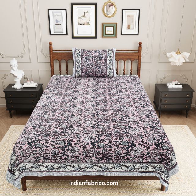 Blossom Base Grey Floral Bedsheet with One Pillow Cover Blossom Base Grey Floral Bedsheet with One Pillow Cover