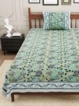 Green Base Grey Floral Bedsheet with One Pillow Cover