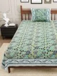 Green Base Grey Floral Bedsheet with One Pillow Cover