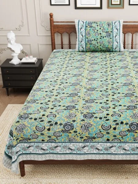 Green Base Grey Floral Bedsheet