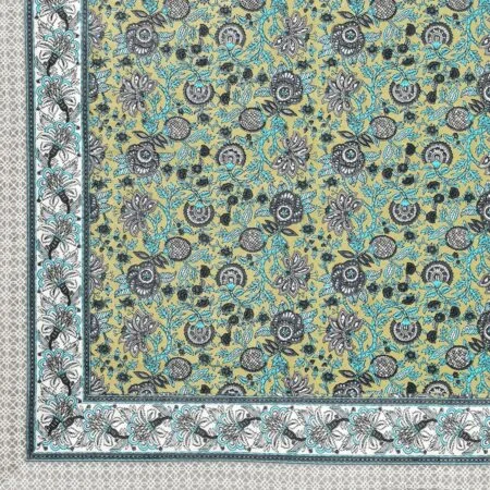 Green Base Grey Floral Bedsheet Closeup