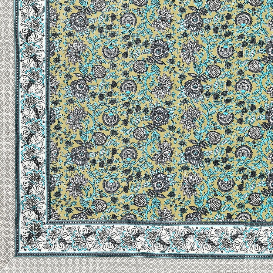 Green Base Grey Floral Bedsheet Closeup Green Base Grey Floral Bedsheet Closeup