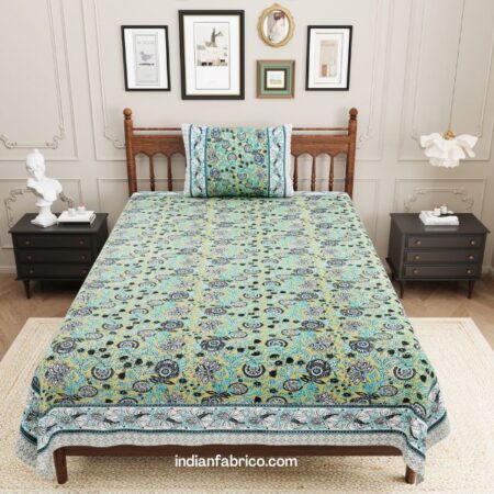 Green Base Grey Floral Bedsheet with One Pillow Cover