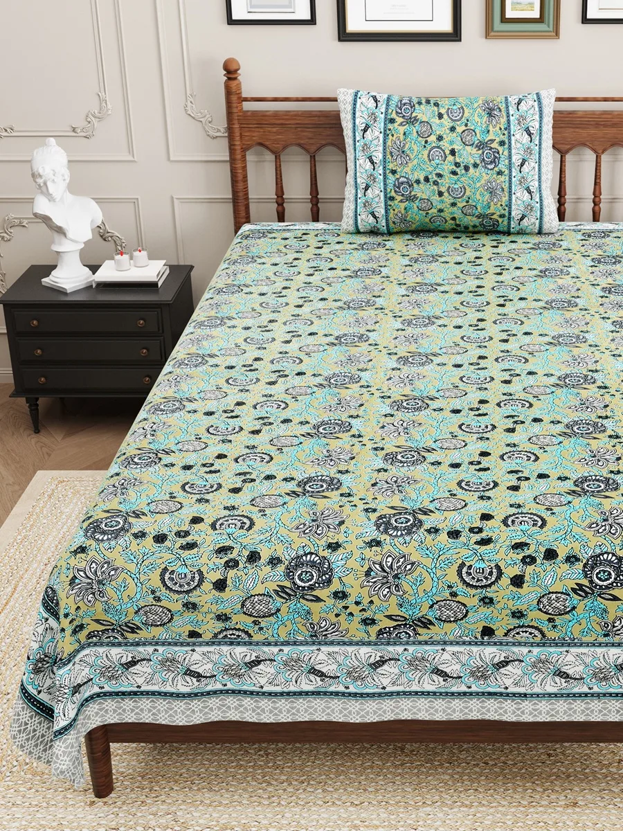 Green Base Grey Floral Bedsheet Green Base Grey Floral Bedsheet