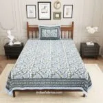 White Base Blue Floral Bedsheet with One Pillow Cover