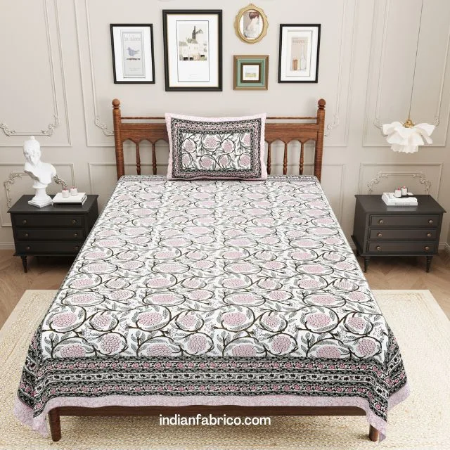 White Base Light Pink Floral Bedsheet with One Pillow Cover White Base Light Pink Floral Bedsheet with One Pillow Cover