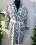 Blue Floral Waffle Cotton Handblock Printed Bathrobe – Unisex Free Size