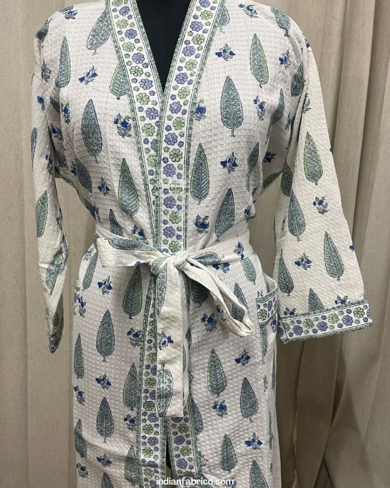 Green Leaf Waffle Cotton Handblock Printed Unisex Bathrobe - Free Size Green Leaf Waffle Cotton Handblock Printed Unisex Bathrobe - Free Size