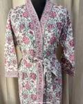 Pink Floral Bunch Leaf Waffle Cotton Handblock Printed Unisex Bathrobe – Free Size