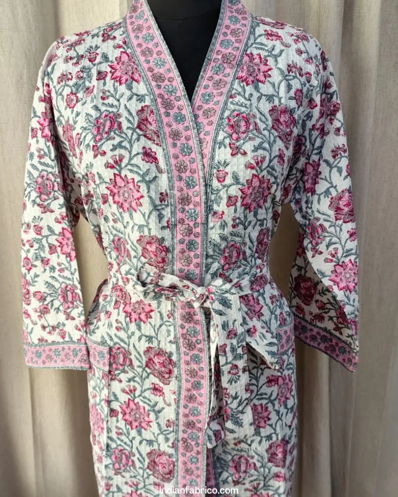Pink Floral Bunch Leaf Waffle Cotton Handblock Printed Unisex Bathrobe - Free Size Pink Floral Bunch Leaf Waffle Cotton Handblock Printed Unisex Bathrobe - Free Size
