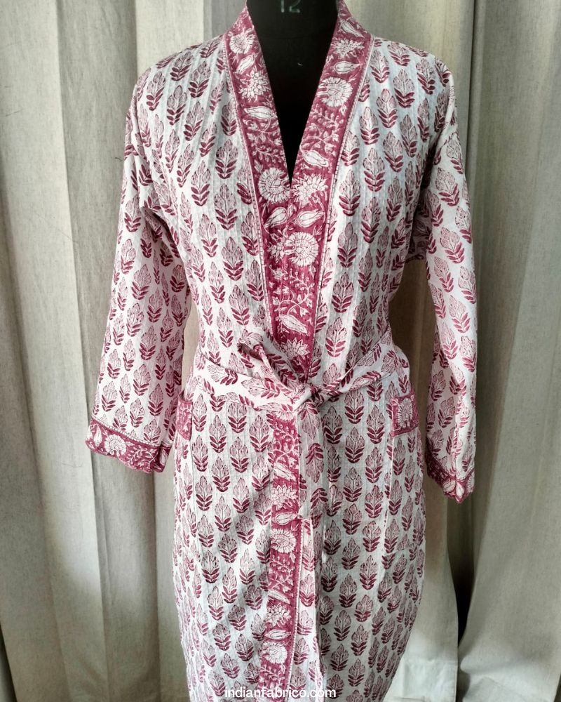 Pink Floral Waffle Cotton Handblock Printed Unisex Bathrobe - Free Size Pink Floral Waffle Cotton Handblock Printed Unisex Bathrobe - Free Size